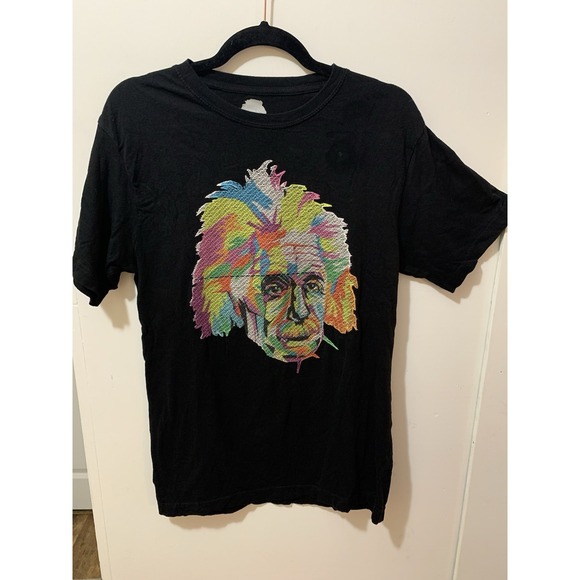 Albert Einstein Men T-Shirt M Black Colorful Embroidered Portrait Art Crew Neck - Picture 1 of 8